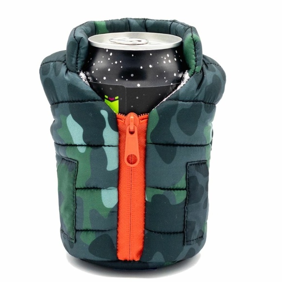 PAIR of Insulated Vest Koozie - Drinks + Beverages - Camo Green + Orange Zipper - Picture 1 of 11